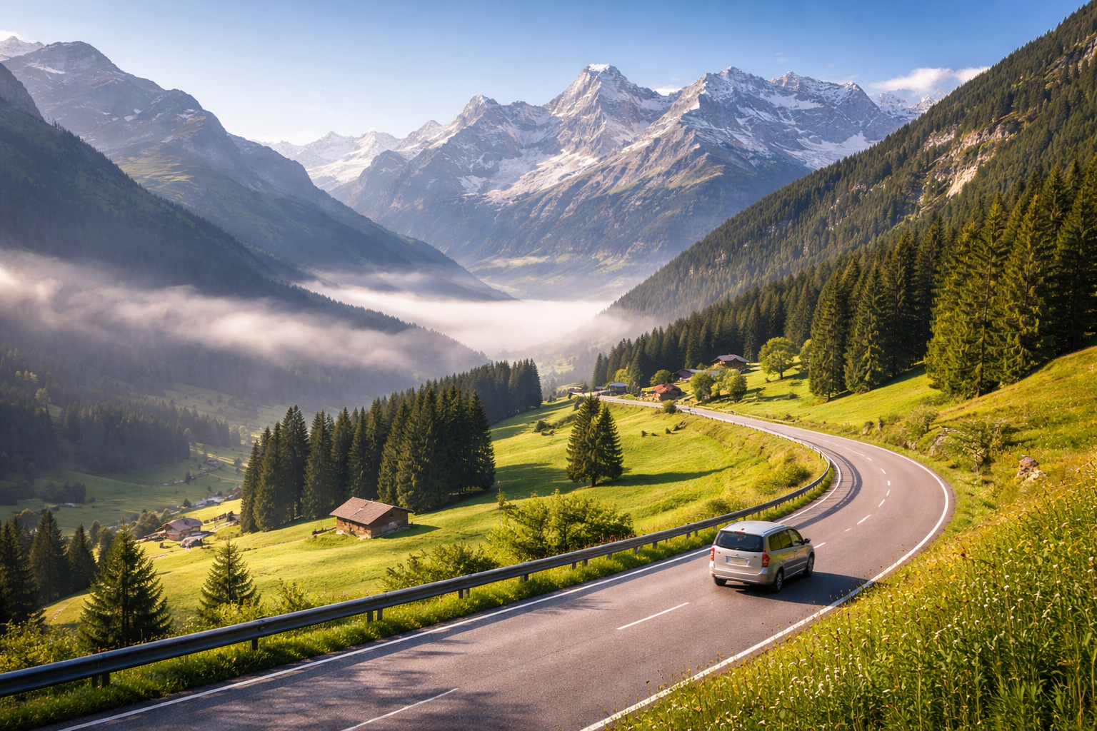 Scenic mountain road winding through the Alps